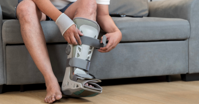 Person putting on leg boot during their Laser-Guided Bone Healing
